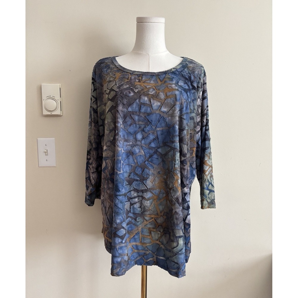 Karen Kane Womens XL Top Batik Bohemian Y2K Blue Orange Whimsigoth Fairy Stretch